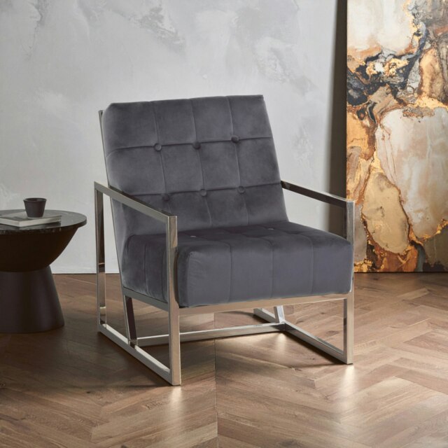 Orsina Grey velvet Indoor Chair with Chrome Frame, Sturdy Lounge Arm Chair with Button Tufting and velvet Upholstery