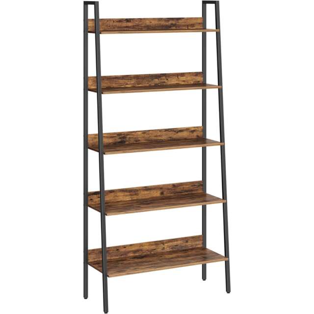 Compact 5-Tier Ladder Shelf Bookcase, Industrial Storage Rack, Rustic Brown and Ink Black