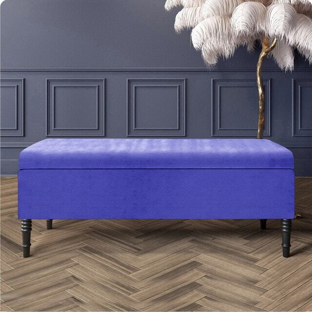 90cm Paris Plain Ottoman Storage Bench -Naples Shoes Bench with Black Turned Wooden Legs - Blue Upholstery Storage Footstool
