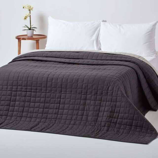 Homescapes Cotton Quilted Reversible Bedspread Black and Grey - 230 x 250 cm Black 1
