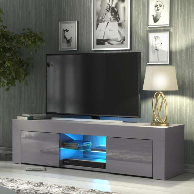 TV Unit TV Stand Cabinet Sideboard Grey High Gloss Doors Free LED 130cm