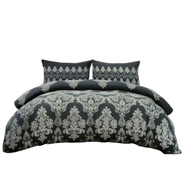 Duvet Cover And Pillowcase Set Natural Black Stripe Floral Design Polycotton Bed Linen Black Black Super King