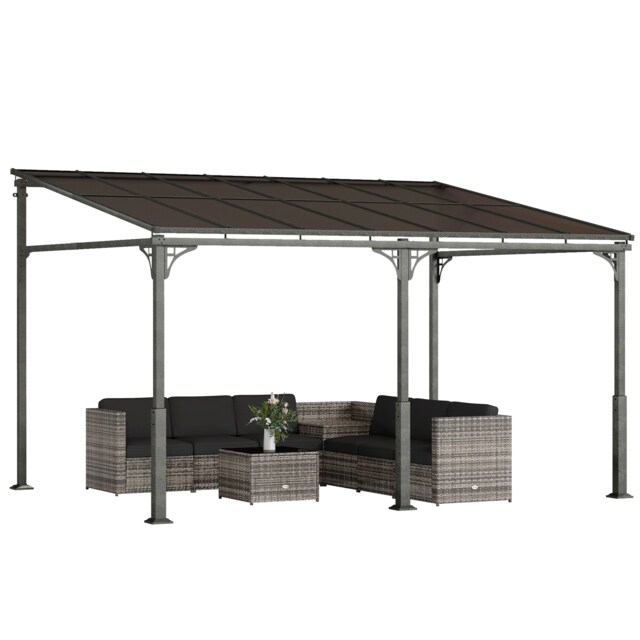 Outsunny 4 x 3 m Metal Lean-to Hardtop Gazebo, Wall-Mounted Pergola Brown Brown, Dark Grey 400 x 300 x 204/260 cm