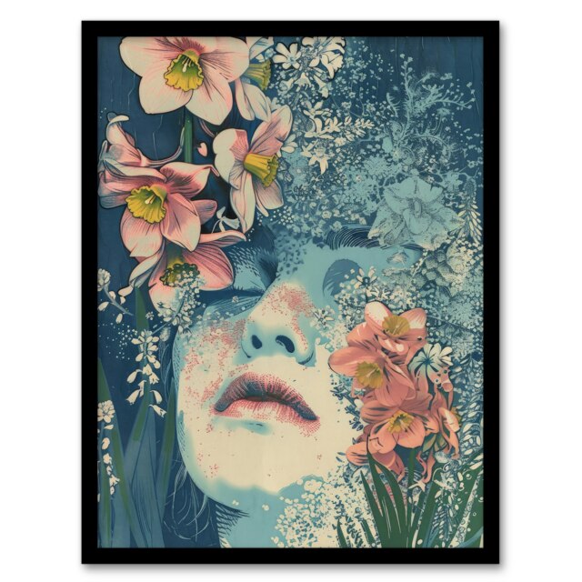Girl Pink Daffodils Boho Hippy Soft Home Decor Black Framed Wall Art Print A4