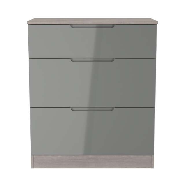 Lucca 3 Drawer Deep Chest of Drawers in Grey Gloss & Grey Oak (Ready Assembled) Grey Grey Gloss & Grey Oak