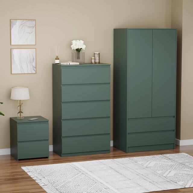 Vida Designs Denver 3 Piece Bedroom Set (2 Drawer Large Bedside Chest, 5 Drawer Chest, 2 Door 2 Drawer Wardrobe), Green Green Green L 3