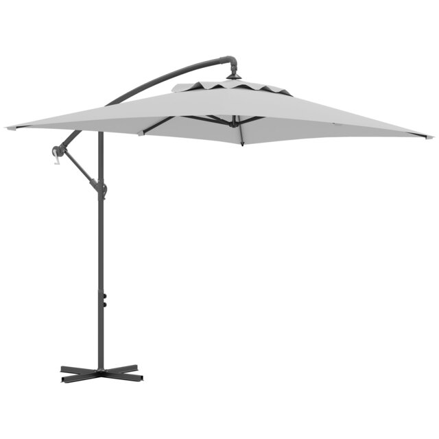Outsunny 3 m Cantilever Parasol with Cross Base, Crank Handle, 6 Ribs Grey Light Grey 294L x 193W x 250Hcm