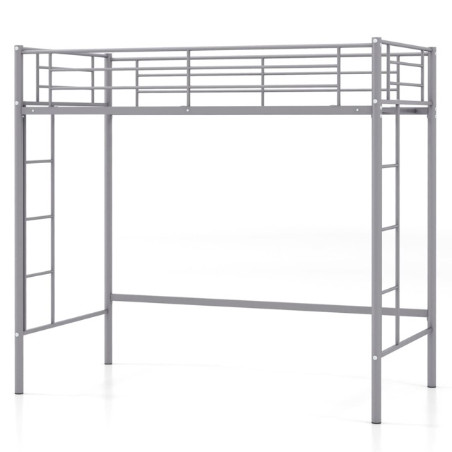 COSTWAY Metal Loft Bed Frame with Safety Guardrail Silver