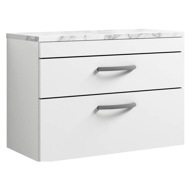 Balterley Millwich Contemporary 2 Drawer Wall Hung Vanity Unit with Laminate Carrara Marble Worktop, Gloss White, 800mm
