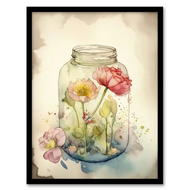 Wildflowers Glass Jar Soft Watercolour Pink Black Framed Wall Art Print A4