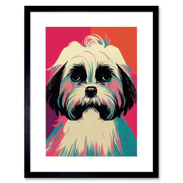 "Modern Cute Shih Tzu Dog Vibrant Bright Portrait 9x7"" Black Framed Wall Art Print"