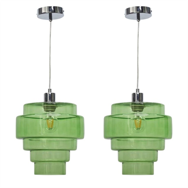 Set of 2 Benson - 5 Tier Green Glass & Chrome Ceiling Pendant Lights
