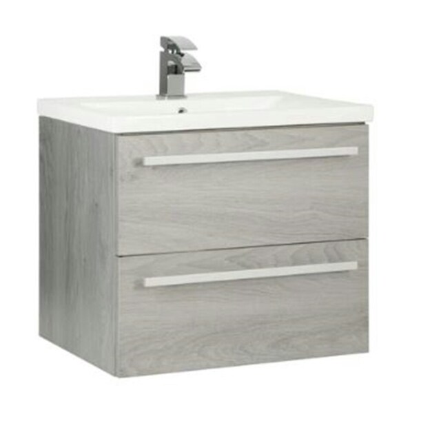 Bathroom 2-Drawer Wall Hung Vanity Unit with Mid Depth Ceramic Basin 600mm Wide - Silver Oak - Brassware Not Included Brown Brown 1