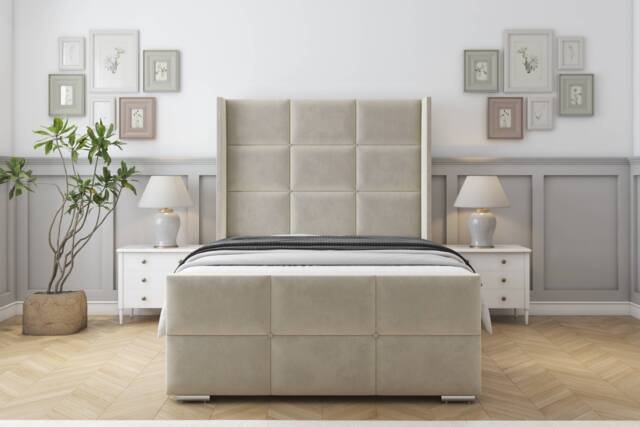 "Sloomy Beaumont Cream Plush Bed Frame With 50"" Upholstered Wingback Headboard 3' Single"