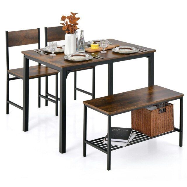 COSTWAY 4-Piece Dining Table & Chair Set Industrial Kitchen Set Brown 4