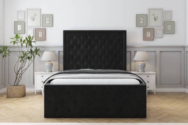 "Sloomy Vienna Black Plush Bed Frame With Mattress With 50"" Upholstered Headboard 4'6 Double"