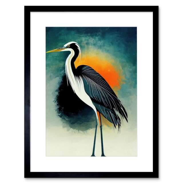 "Heron Bird Portrait Orange Sunrise Animal Painting 9x7"" Black Framed Wall Art Print"