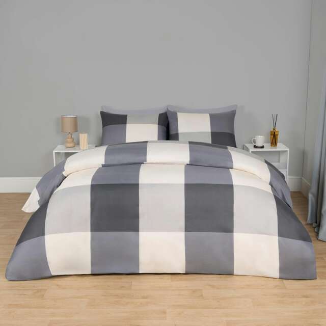 OHS Gingham Check Reversible Duvet Cover and Pillowcase Bedding Set, Double - Grey