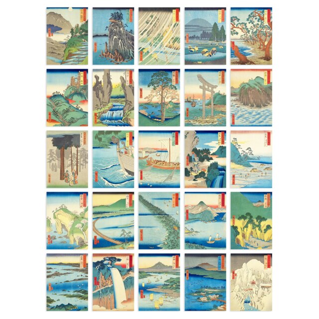 Utagawa Hiroshige Japan Aesthetic Woodblock Wall Art Set of 50 Unframed A6 Prints Blue