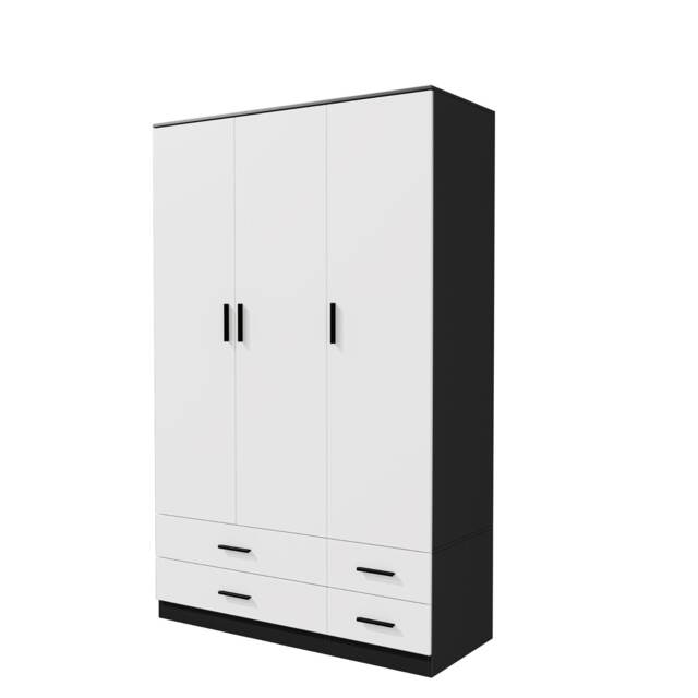3 Door 4 Drawer Wardrobe With Hanging Rail And Storage Shelf Black Black Carcass & White Door 1