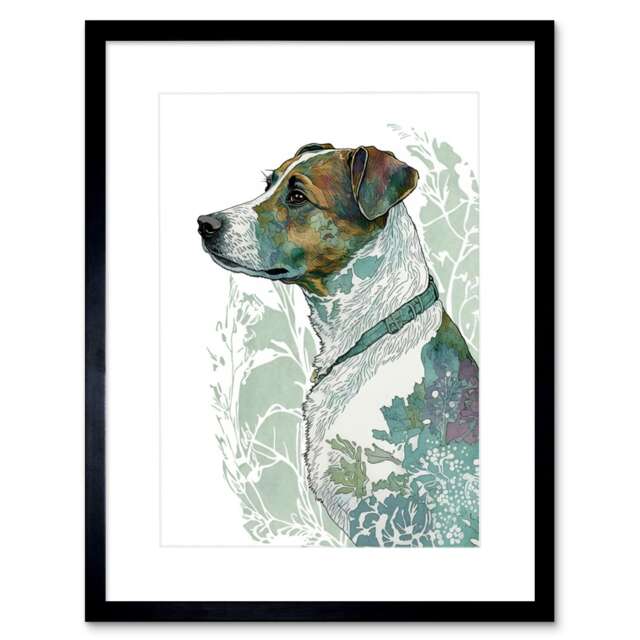"Jack Russell Dog Modern Watercolour Portrait 9x7"" Black Framed Wall Art Print"