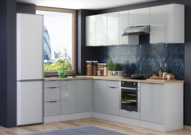Corner Kitchen Cabinet Set 11 Unit Wide 60cm Larder Pantry Light Grey Gloss Fitted Kitchen Star