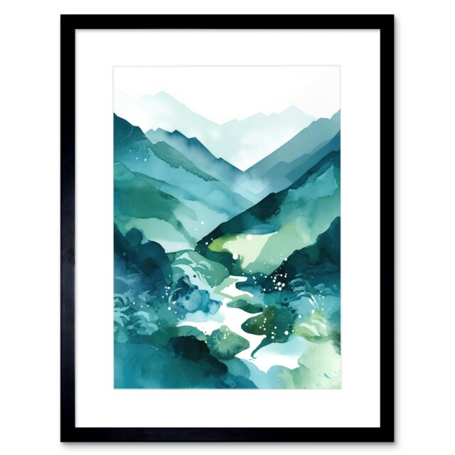 "River Trail Scottish Highlands Landscape Watercolour 9x7"" Black Framed Wall Art Print"