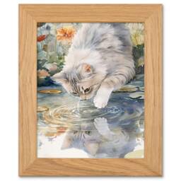 Cat Lover Cute Kitten Pond Lake Watercolour Art Oak Wood Framed Wall Print