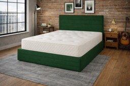 Divan Bed Set Headboard and Footboard with Mattress 2ft6 Small Single Dark Green Suede Storage 2 Drawers Left Side Laying in Bed