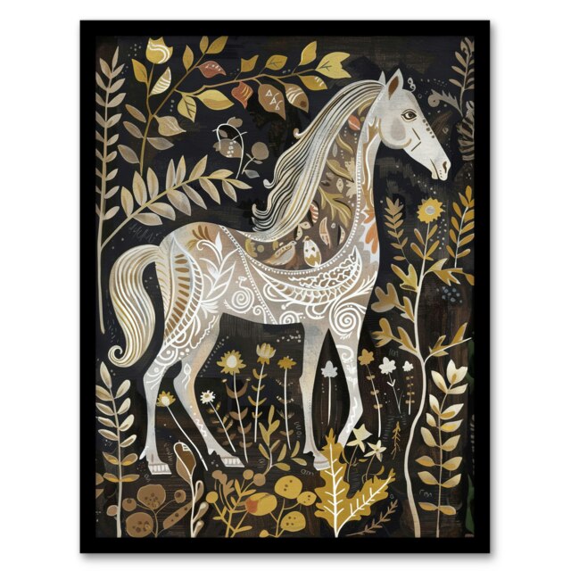 Patterned Horse Woodland Forest Rustic Folk Art Black Framed Wall Art Print A4