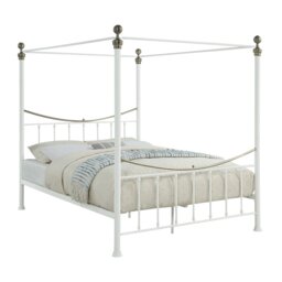Marylebone Traditional Four Poster Canopy Metal Bed Frame White White & Brass Double