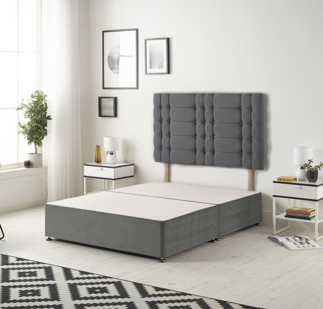 Astoria Divan Bed Base with 30 Inch Diamonte Button Headboard Plush Velvet Grey Charcoal King