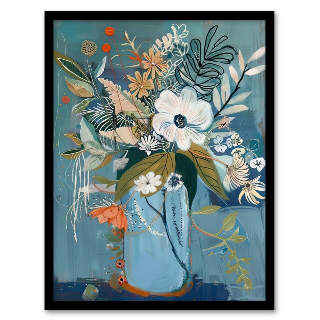 Elegant Botanical Bouquet Flowers Vase Black Framed Wall Art Print A4