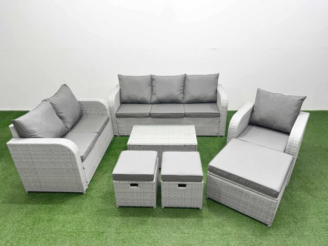 Fimous Patio PE Wicker 9 Seater Outdoor Rattan Furniture Sofa Sets with Rectangular Coffee Table Reclining Chair Loveseat Sofa 3 Seater Sofa Stool Light Grey