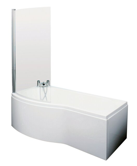Balterley Left Hand B Shape Shower Bath Bundle & Tub, Curved Safety Glass Screen & Matching Front Panel White White
