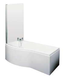 Balterley Left Hand B Shape Shower Bath Bundle & Tub, Curved Safety Glass Screen & Matching Front Panel White White
