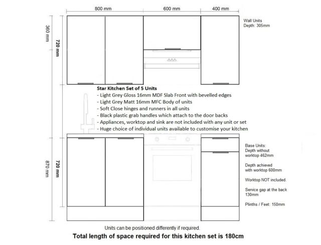 Kitchen Cabinets 5 Unit Set Soft Close 180cm Modern Kitchenette Light Grey Gloss Storage Fitted Kitchen Star