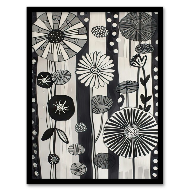 Abstract White Wildflowers Stripes Living Room Black Framed Wall Art Print A4