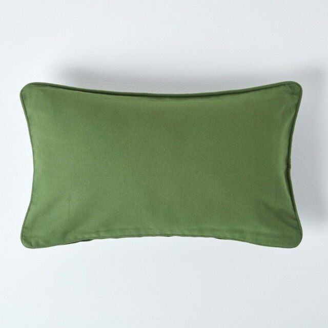 Homescapes Cotton Plain Olive Green Rectangular Cushion Cover - 30 x 50 cm Green Olive Green 1