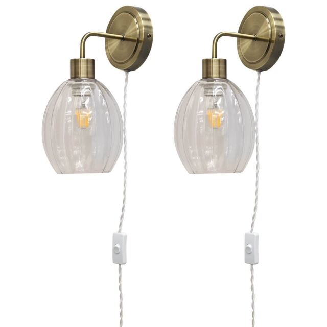 Set of 2 Toby - Antique Brass Plug in Wall Lights Fluted Shades