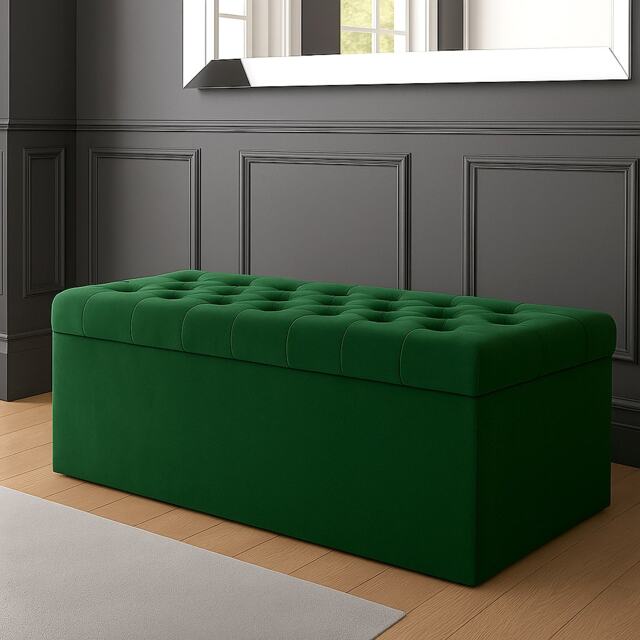 180cm SD Ottoman Storage Box, Forest Green Velvet Upholstered Chesterfield Storage Ottoman Box