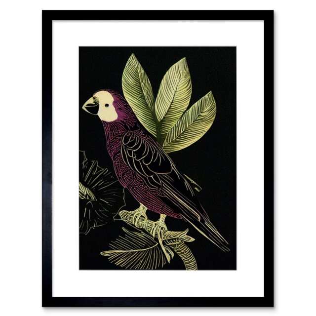 "Burgundy Parrot Leaves Tree Branch Black Vintage 9x7"" Black Framed Wall Art Print"