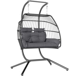 Outsunny Rattan Double Hanging Egg Chair with Stand, Cushion, Dark Grey Grey Dark Grey L