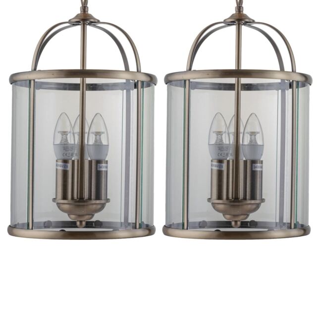 Set of 2 Antique Brass Lantern Pendants Yellow Clear 2