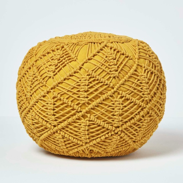 Homescapes Mustard Macrame Knitted Pouffe - 40 x 50 cm
