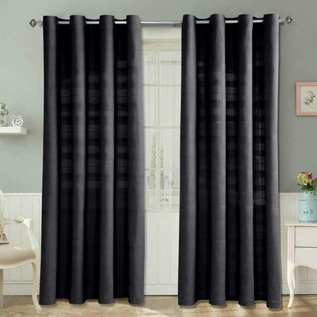 Homescapes Cotton Rajput Ribbed Black Curtain Pair - 66 x 72 Inches Drop