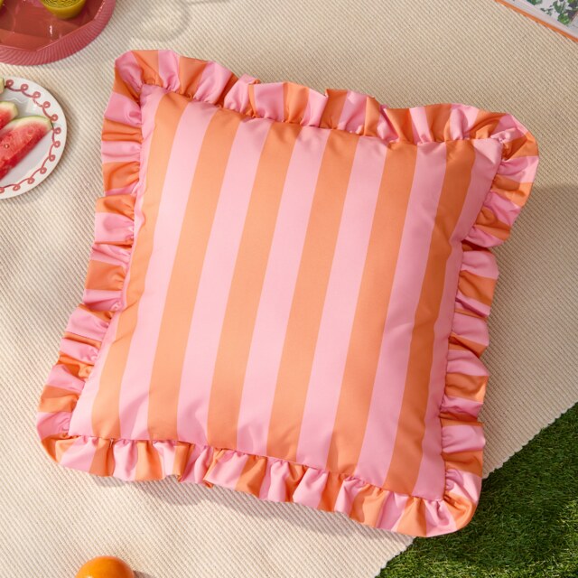Furn Palm Royale Stripe Ruffle Printed Outdoor Cushion Pink Pink/Orange