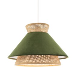 Designer Dark Olive Velvet and Natural Rattan Pendant Lighting Shade Green Olive Green 1