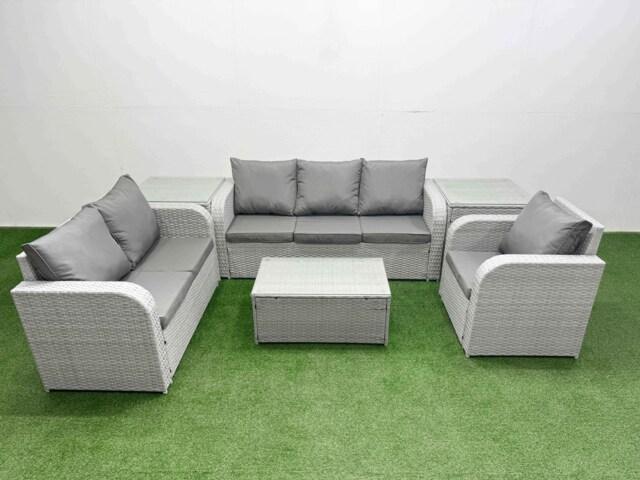 Fimous Patio PE Wicker 6 Seater Outdoor Rattan Furniture Sofa Sets with Rectangular Coffee Table Reclining Chair Loveseat Sofa 3 Seater Sofa 2 Side Table Light Grey