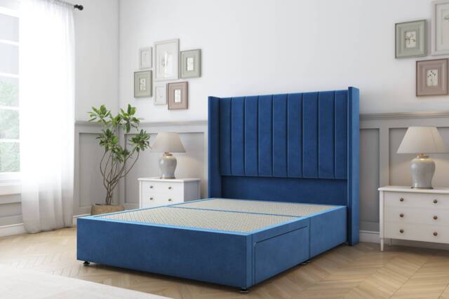 Sloomy Falcon Navy Plush Divan Bed Base 2 Drawers Foot-End With 54 Inch Wingback Headboard Blue Navy Super King 1